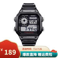卡西歐（CASIO）男表小方塊電子表 運(yùn)動(dòng)手表學(xué)生手表 多功能防水男士手表 小方表黑圖膠帶AE-1200WH-1A