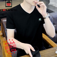 AEMAPE美國蘋(píng)果棉短袖t恤男V領(lǐng)韓版修身簡(jiǎn)約半袖體恤衫夏季新品上衣 黑色 M