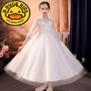 G.DUCKKIDS公主裙女童新款兒童禮服蓬蓬裙花童婚紗鋼琴演奏女孩主持人演出服 8820白色長裙 訂閱贈【皇冠】 110cm