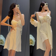 絲可蕊吊帶睡裙女春夏外套帶胸墊可外穿純欲睡衣蕾絲性感高級家居服套裝 奶油白（短裙+杯墊+外套） Hot L （95-110斤）