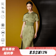 花木深印花醋酸連衣裙女圓領(lǐng)新款盤扣改良旗袍新中式提花禮服裙子 白屈萊綠 XL