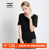 邢氏女裝 春秋新款女修身T恤女純色蕾絲上衣打底衫 黑色短 M 38(165/92B)