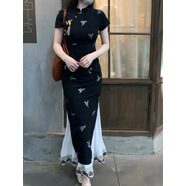 新中式連衣裙女國(guó)風(fēng)她來(lái)了復(fù)古館新中式蝴蝶黑色旗袍連衣裙女夏燙 白色半身裙內(nèi)襯 S