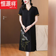 恒源祥復(fù)古高端連衣裙女2025夏季新款復(fù)古氣質(zhì)龜裂紋印花減齡寬松中長(zhǎng)裙 2509【黑色短/袖】今年流行的輕 2XL 【建議110-125斤左右】
