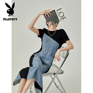 花花公子（PLAYBOY）歐洲站牛仔拼接連衣裙2025新款女小眾設(shè)計感法式長裙子質(zhì)感感 黑色 L
