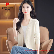 皮爾卡丹（pierre cardin）小款v領(lǐng)毛衣外套女春秋短款羊毛衫針織上衣配裙子洋氣減齡小外搭 米白 S 建議80-95斤