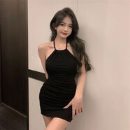 GOCHIEI歐美風(fēng)性感辣妹復古斑馬紋掛脖褶皺收腰顯瘦露背包臀系帶連衣裙女 黑色掛脖裙 S