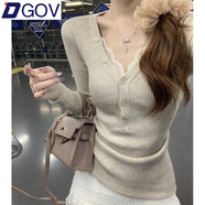 DGOV欲修身V領(lǐng)百搭打底衫女春秋季內(nèi)搭感毛衣長(zhǎng)袖針織衫上衣 卡其色 M 建議95-105斤