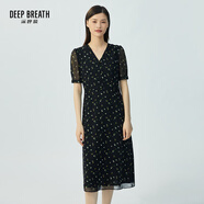 深呼吸DEEP BREATH女裝V領中長高腰泡泡袖收腰碎花連衣裙A500197 黑-白花 S (2碼)