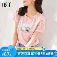 歐莎（OSA）T恤女士夏季新款衣服短袖印花上衣體恤修身潮清爽冰瓷棉感 粉色 XL