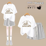 尤克達(dá)蒂（yookdd）少女服裝品牌夏季女裝學(xué)院風(fēng)短袖T恤少女夏裝2025新款初中學(xué)生時(shí) 2405-142*白色純棉上衣+灰色短 M 建議90-105斤