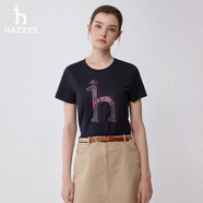 HAZZYS夏季合體版圓領(lǐng)印花短袖T恤女通勤休閑純棉體恤上衣 藏青色 XS 155/80A 36