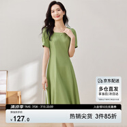 尚都比拉短袖連衣裙女夏季時(shí)尚通勤中長(zhǎng)款a字裙釘珠收腰顯瘦裙子 綠色 XL
