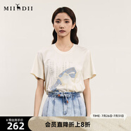 謎底T恤短袖女士夏季新品文藝風(fēng)圓領(lǐng)貼布繡花上衣242MT0712 米白 L