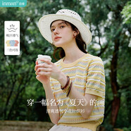 茵曼百搭輕薄通勤風(fēng)女裝條紋針織短袖t恤夏季顯瘦套頭上衣 黃色 XL