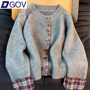 DGOV假兩件韓系圓領(lǐng)拼接格子毛衣女2025春秋新款針織外套寬松休閑開衫 灰色zt S 建議75-95斤