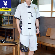 花花公子夏季男士短袖套裝開衫T恤五分褲薄款套裝寬松透氣休閑短褲套裝男 夏季套裝D09-白色 上衣+褲子 XL 建議120-140斤