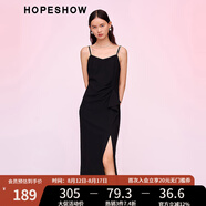 紅袖2024春季新款女裝 前開(kāi)叉荷葉邊拼接收腰V領(lǐng)套頭吊帶連衣裙 黑050 M