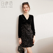 白鹿語(yǔ)秋季新款V領(lǐng)蝴蝶結亮片連衣裙氣質(zhì)絲絨修身長(cháng)袖短裙 黑色  XL 