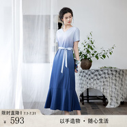 生活在左2025夏夏新款純棉漸變提花配腰帶連衣裙女 藍(lán)色 M