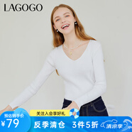 lagogo黑白雙色修身針織衫女拉谷谷春秋季新款V領(lǐng)百搭長袖打底衫 本白色(V1) L 165/40