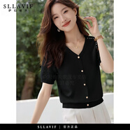 薩拉維夫短袖T恤女2025夏季新款小香風(fēng)氣質(zhì)V領(lǐng)冰絲針織衫內搭薄款中袖上衣 黑色 均碼 M