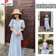 皮爾卡丹Bienkimiiye藍(lán)色花邊連衣裙女森系學(xué)院風(fēng)夏季款顯瘦短袖褶皺a字裙 藍(lán)色【品牌高品質(zhì)】 S 【80-95斤】