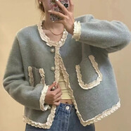 AEMAPE小香風(fēng)蕾絲拼接木耳邊粗花呢外套女2025春秋感寬松小個(gè)子短款上衣 青色 常規(guī) S