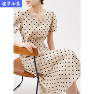 茵侈波點寬松收腰連衣裙法式復(fù)古簡約A字長裙薄料透氣新款方領(lǐng)大擺裙 膚色 S