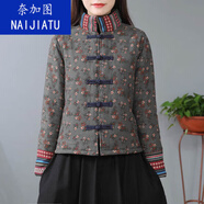 奈加圖秋冬新款民族風(fēng)女裝棉服復古印花棉麻小棉襖短款夾棉棉衣外套女 褐色 XL 建議體重90-110斤穿