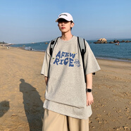 以純 YISHION男款t恤夏季設(shè)計(jì)感純棉半袖潮牌潮流重磅300g短袖美式七分袖衣服 淺灰色（強(qiáng)烈） S