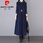 皮爾卡丹復古燈芯絨刺繡長(cháng)款連衣裙大碼女裝秋冬氣質(zhì)翻領(lǐng)系帶收腰襯衫裙子 藏藍色 L 【建議105-125斤】