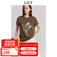LILY2025夏新款復(fù)古撞色印花圖案圓領(lǐng)正肩休閑百搭短袖T恤女上衣 308橄欖綠 S