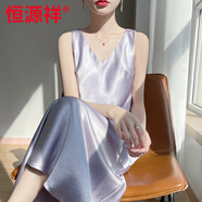 恒源祥真絲醋酸吊帶連衣裙女外套肌理感V領(lǐng)背心絲綢鎏金緞面內搭長(cháng)裙子 水灰色 M 80-105斤