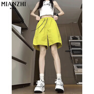 棉致美式高腰排扣工裝冰絲短褲女夏季薄款2025新款小個子寬松五分褲 黃色【D53高品質(zhì)18】 M 80-100斤