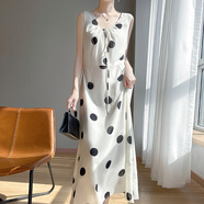 LISL AVE A喬其紗無(wú)袖波點(diǎn)系帶連衣裙女2025夏款垂感絲滑顯瘦高腰A字背心裙 米色 JXYZREZ-8279 M
