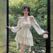 衣然呈品法式白色長(zhǎng)袖連衣裙仙女秋季仙氣收腰雪紡短裙荷葉邊蛋糕a字裙女 杏色 S 【建議85-105斤】