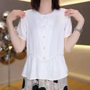 維艾諾絲琴港澳輕奢胖MM大碼女裝短袖上衣2025新款韓系chic別致拼接圓領(lǐng)純色 白色【寬松/時(shí)尚/法式/別致/休1 M 建議100斤以?xún)?nèi)