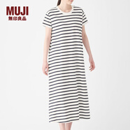 無(wú)印良品 MUJI 女式 粗棉線天竺編織 長(zhǎng)款短袖喇叭形連衣裙 W9SB131 白色X橫條 XS-S