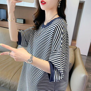 森馬（Semir）設計感條紋短袖t恤女夏2025新款韓版寬松大碼女裝中長(cháng)款半袖上衣 藍色 M (建議80-110斤)
