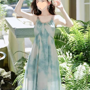 S.SOFEA2025夏雪紡垂墜暈染印花吊帶長裙珠海邊度假風連衣裙 暈染薄荷綠吊帶長裙 M