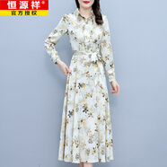 恒源祥碎花連衣裙2025年新款秋冬女裝驚艷氣質(zhì)雪紡長(cháng)款媽媽高端長(cháng)袖裙子 杏色 2XL