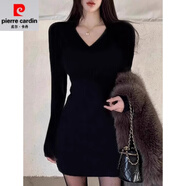 皮爾卡丹（pierre cardin）性感御姐風(fēng)黑色加絨針織連衣裙子女2025春秋新款辣妹修身顯瘦短裙 黑色V領(lǐng)包臀裙版【常規(guī)加絨款】 L