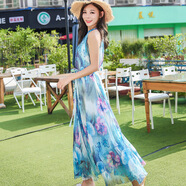 吊帶連衣裙無(wú)袖露肩雪紡碎花歐美小清新裙子女裝2025夏女掛脖 吊帶藍(lán)色數(shù)碼印花 L 裙長(zhǎng)135 身高175以上
