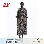 H&M女裝連衣裙2025年夏季新款時(shí)尚腰部系帶襯衫式連身裙1284366 深棕色/圖案 S 160/88