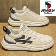 西域駱駝（VANCAMEL）男鞋四季款加絨保暖棉鞋百搭真皮小白板鞋休閑跑步運(yùn)動(dòng)老爹潮鞋 白藍(lán) 41 現(xiàn)貨速發(fā)