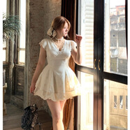 落跑姐妹大碼微胖mm鏤空飛袖氣質(zhì)甜美連衣裙女夏季修身顯瘦V領(lǐng)仙女裙 杏色蓬蓬短裙 L (100-120斤)