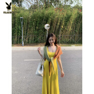 花花公子（PLAYBOY）吊帶連衣裙女夏收腰顯瘦顯身材魚尾裙包臀u領(lǐng)長裙無袖針織背心裙 綠色披肩 均碼
