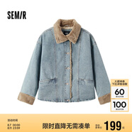 森馬（Semir）牛仔棉服女拼接毛領(lǐng)美式復(fù)古2024冬寬松毛邊夾克街頭109724108017