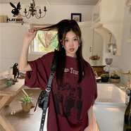 花花公子（PLAYBOY）美式復古中長款BF風純棉短袖T恤男女大碼胖mm夏季寬松情侶裝上衣 酒紅色 L 建議101-115斤